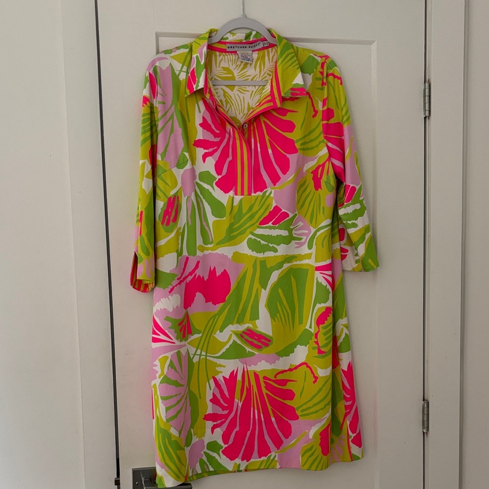 Gretchen Scott Everywhere Dress Vibrant Tropical Floral Pink Green Collar Sleeve